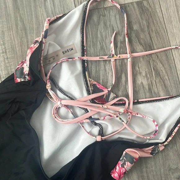 Black and Pink Floral One Piece Swimsuit - Picture 4 of 4